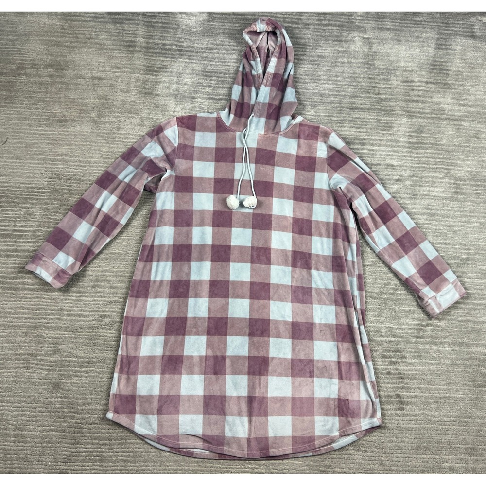 Ambrielle Nightgown Womens L Purple Plaid Fleece Hooded Pom Pom Sleep Shirt Cozy
